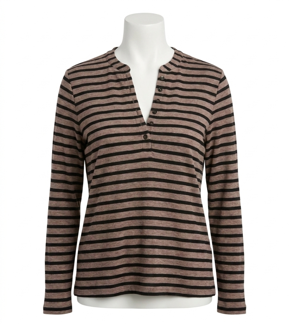 NEW NIC + ZOE striped long sleeve henley tee in brown multi